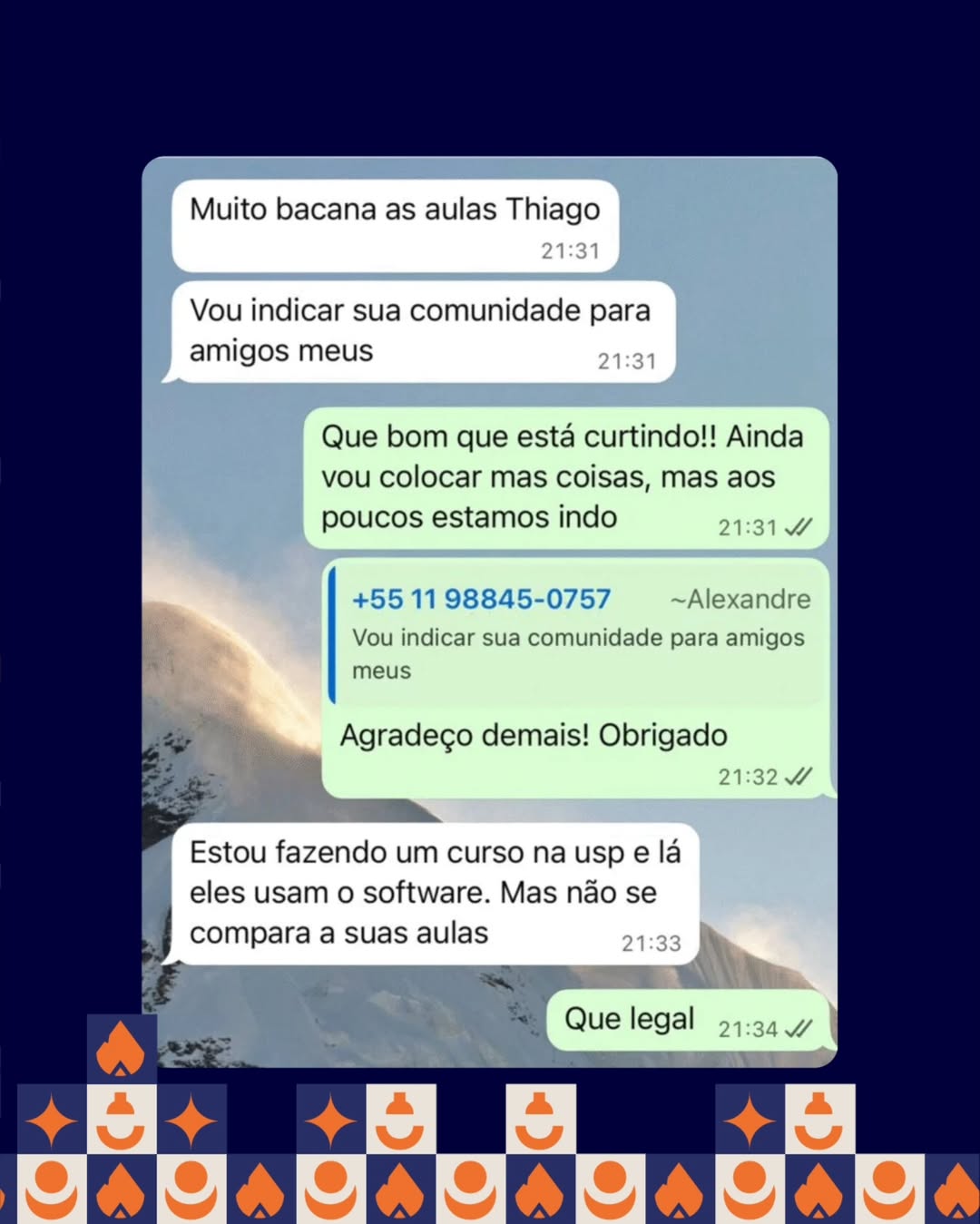 Mensagem de membro elogiando as aulas da Comunidade Dinato