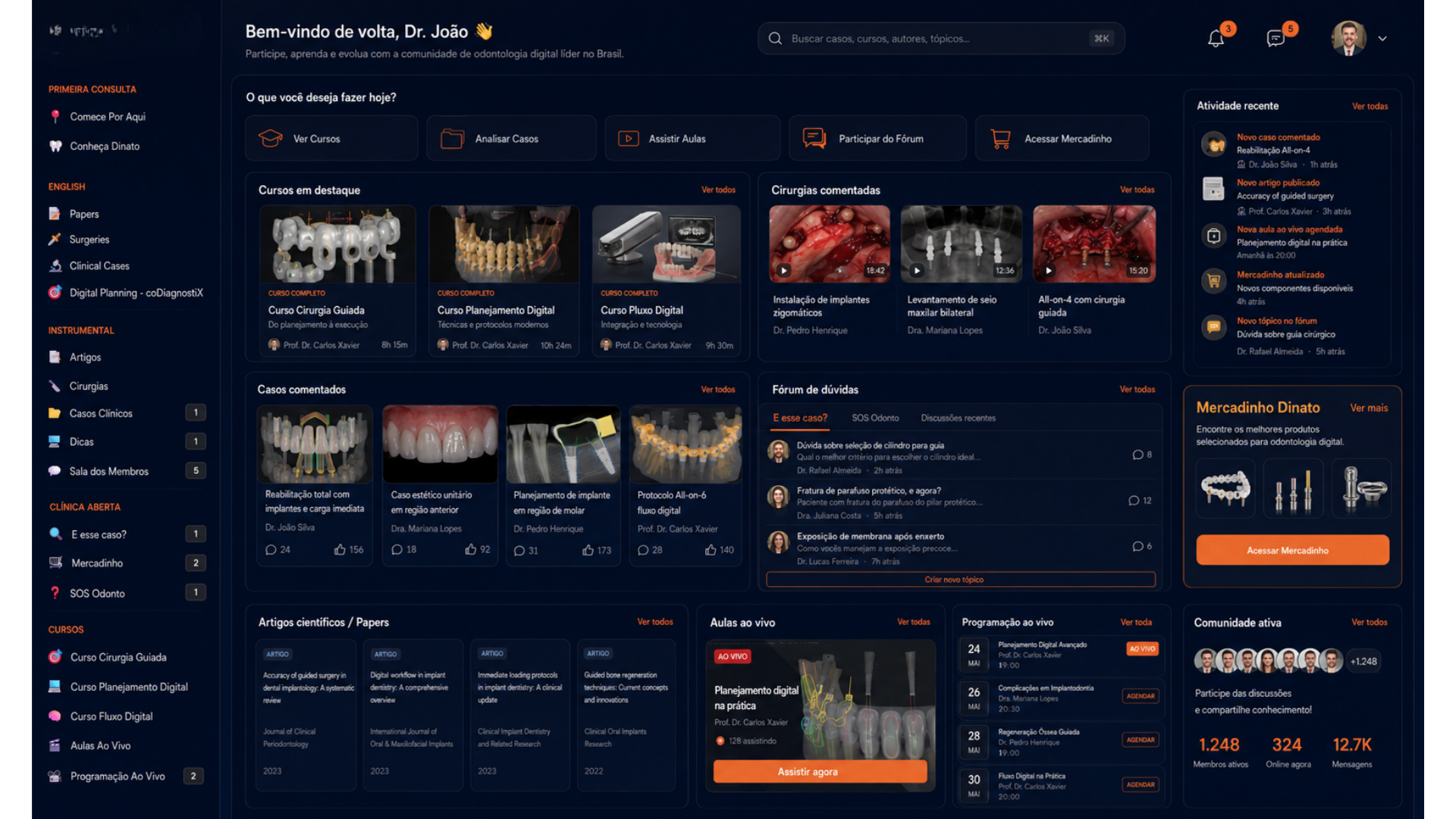 Interface da plataforma Comunidade Dinato